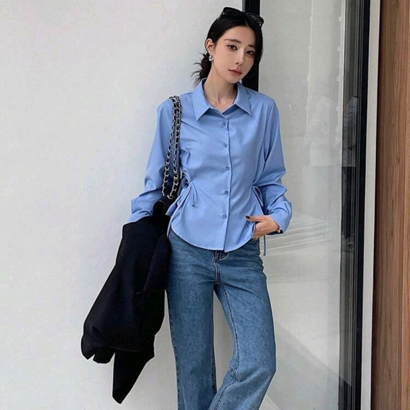 Solid Color Business Casual V-Neck Long Sleeve Cinched Waist Women Blouse - Picture 4 of 4